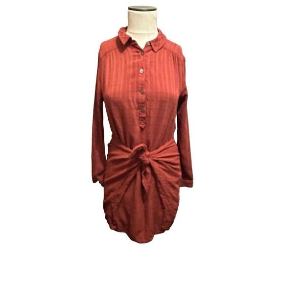 Anthropologie Maeve Bloomsbury Tie Front Dress Rust Red 1/4 Button up Hi Lo Sz 6 - Picture 1 of 9